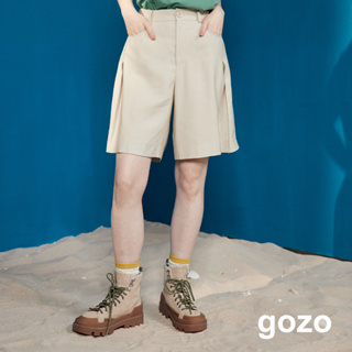 【gozo】涼感壓折後鬆緊西裝短褲(淺卡其/深紫_M/L) | 女裝 修身 百搭