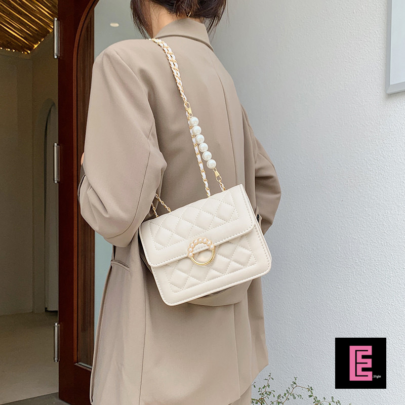 👸🏻E.Style【預購】E0001 珍珠環扣包 包包 斜背包 側背包 菱格包 小香風包包 包包女 肩背包 單肩包