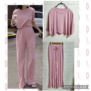 ♡summer room質感美衣♡莫代爾棉短版上衣+下擺開衩寬褲（二件式套裝）