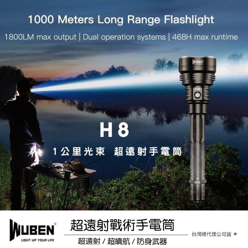 【WUBEN】H8 ⚡️超遠射 1000米光束 ⚡️1800流明 高容量 攻擊防身 搜尋 戰術手電筒