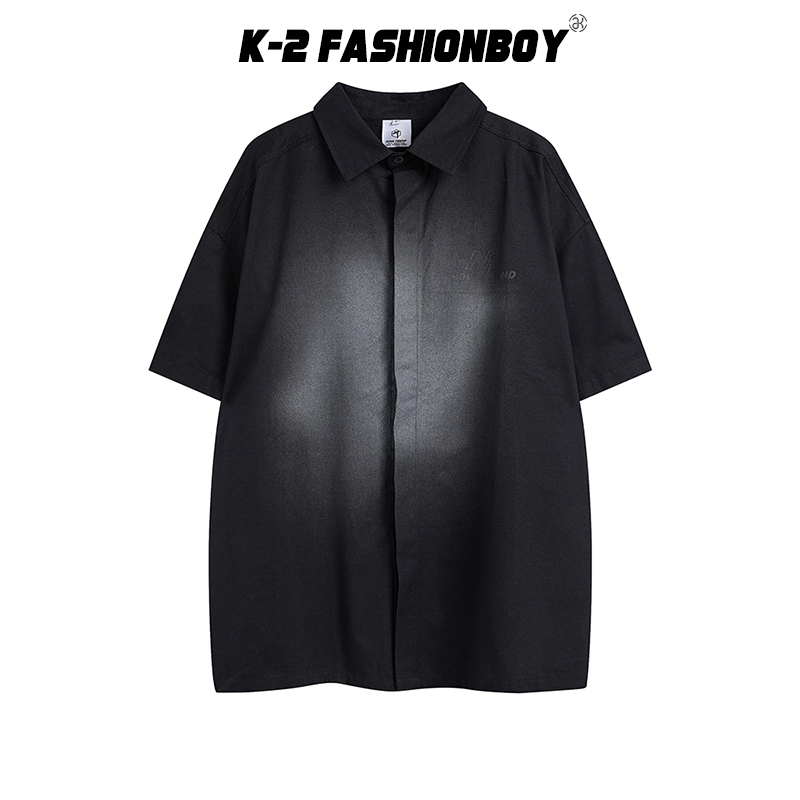 【K-2】N 英文 印花 短袖襯衫 素色 漸層 噴漆感 素面 翻領 排釦設計 男女不拘【A8279】
