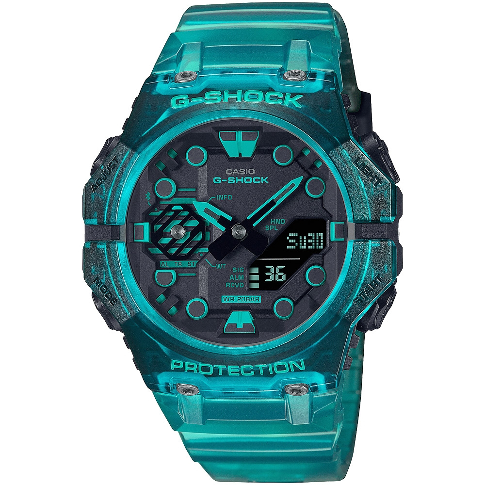 【CASIO】卡西歐 G-SHOCK藍牙連線 碳纖維核心防護雙顯手錶-透明淺藍 GA-B001G-2A 台灣卡西歐保固
