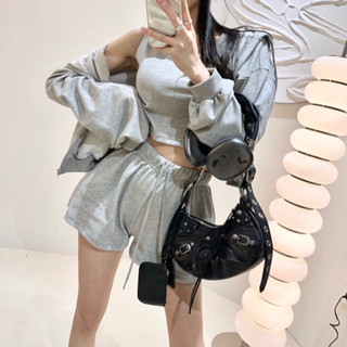 Winni Shop✈️正韓 休閒短版背心+鬆緊短褲+連帽外套三件式套裝SET 休閒套裝 素面 百搭 基本款 女裝 春夏