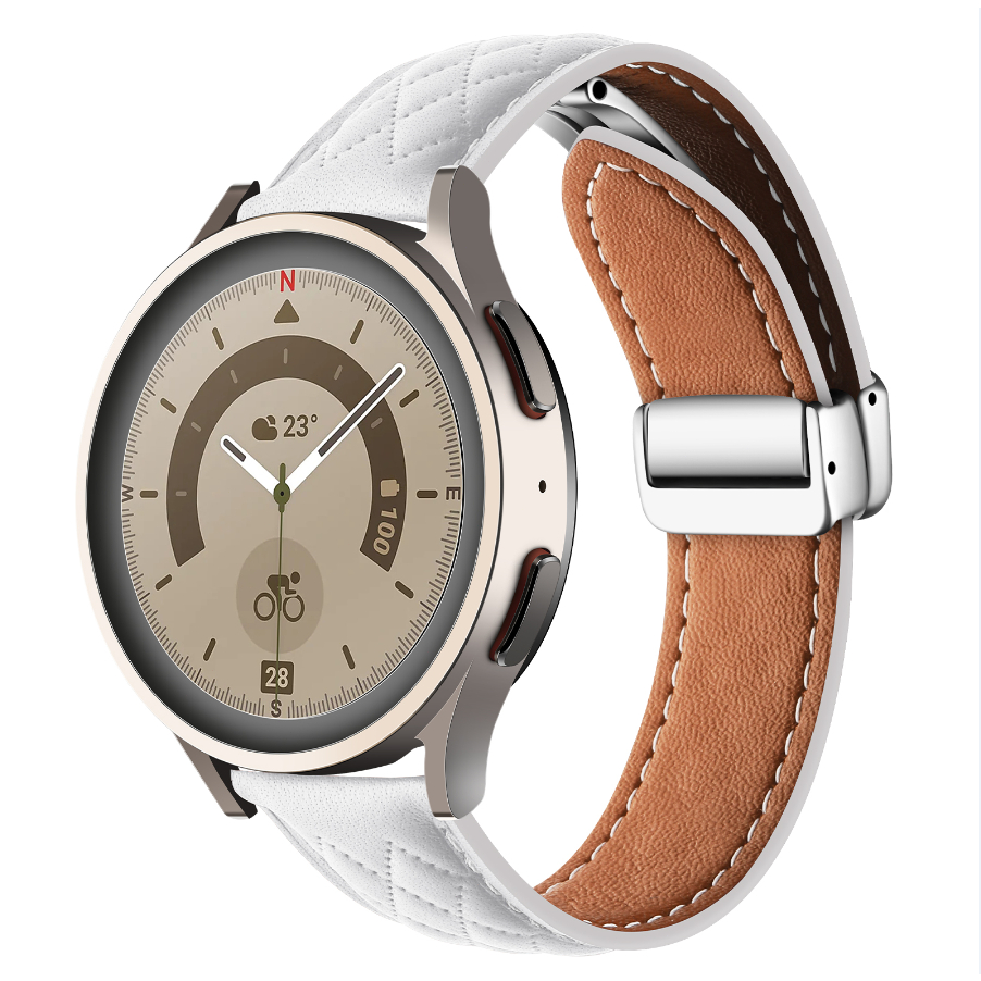 【台灣出貨】真皮菱格紋 三星 Galaxy watch 6 5 4 Classic 折疊扣 磁吸錶帶 真皮錶帶 女士錶帶