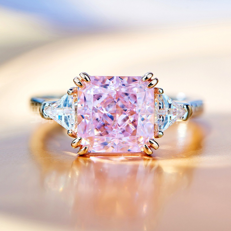 隔日到貨 阿蓋爾 粉紅鑽 5克拉 方鑽 戒指 粉水晶 奧地利水晶 可調式戒圍A181