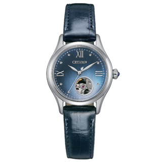 【CITIZEN 星辰】LADYS 優雅羅馬字小鏤空淑女機械錶-藍 皮錶帶28.5mm(PR1041-18N)