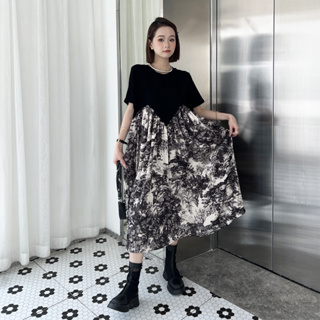 Y2 style▪️U水墨扎染拼接短袖洋裝▪️Y2style歐美設計款寬鬆韓版個性中大尺碼F8-6223