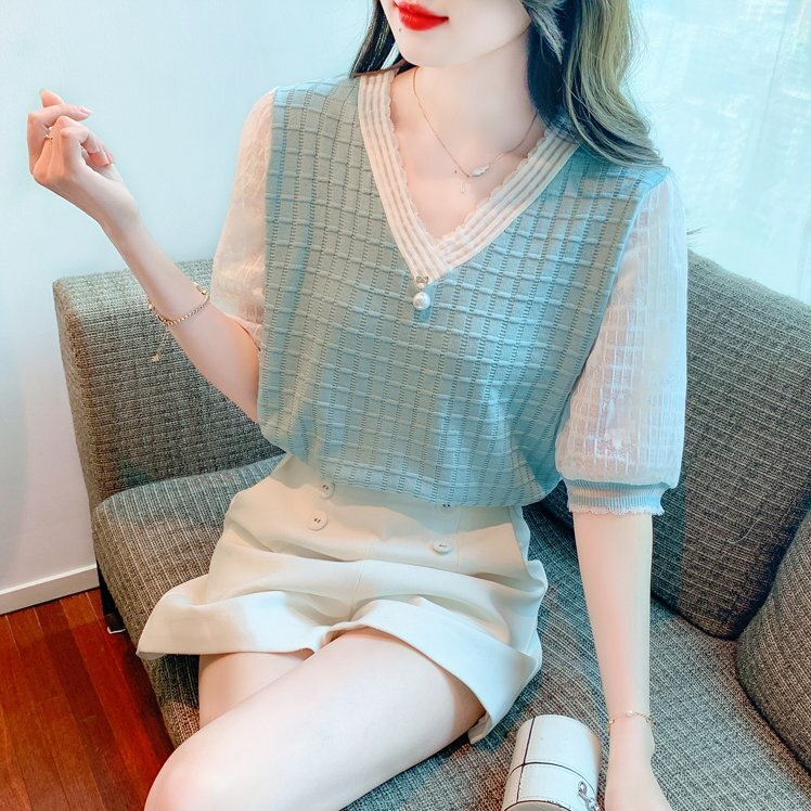 雅丽安娜 短袖上衣 T恤針織 上衣 S-XL流行女裝V領韓版雪紡泡泡袖薄款針織衫百搭洋氣上衣T430-5829.