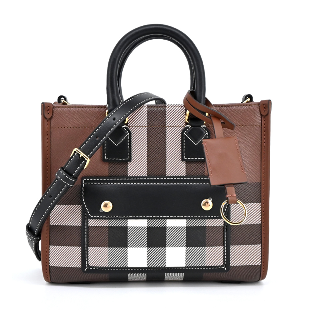 BURBERRY Freya經典格紋皮革迷你托特包(暗樺木棕色)｜100%原廠真品｜JS Maxx官方旗艦館