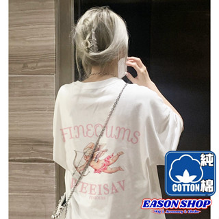 𝑬𝑨𝑺𝑶𝑵 𝑺𝑯𝑶𝑷現貨100%純棉歐美天使印花OVERSIZE圓領短袖T恤女上衣寬鬆大尺碼長版下身失蹤(GQ8135)