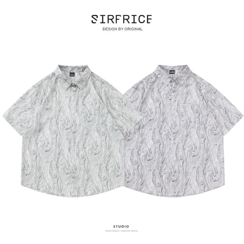 花襯衫 木紋 短袖襯衫 寬鬆版型 韓系襯衫 短袖襯衫 休閒襯衫 男生襯衫 - SIRPRICE Select Shop