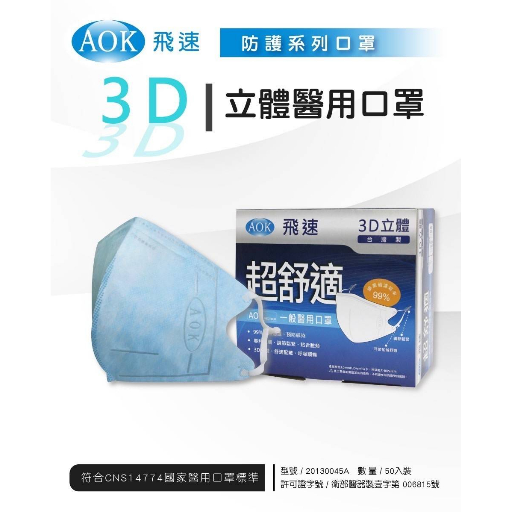 🤘台灣製  飛速AOK 粉藍 3D立體醫用口罩(50入/盒)