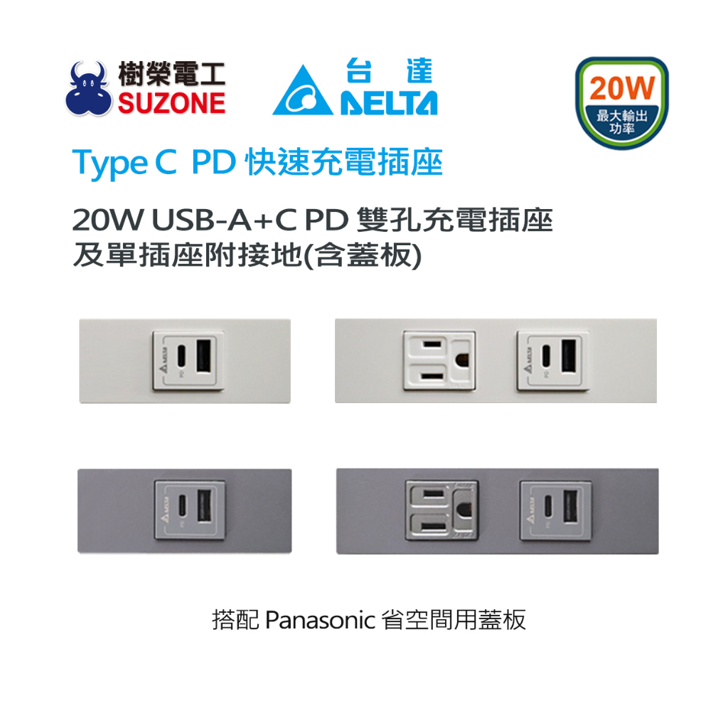 (含稅)【樹榮電工SUZONE】20W USB A+C PD充電插座/Delta台達 Type C插座/快充/省空間