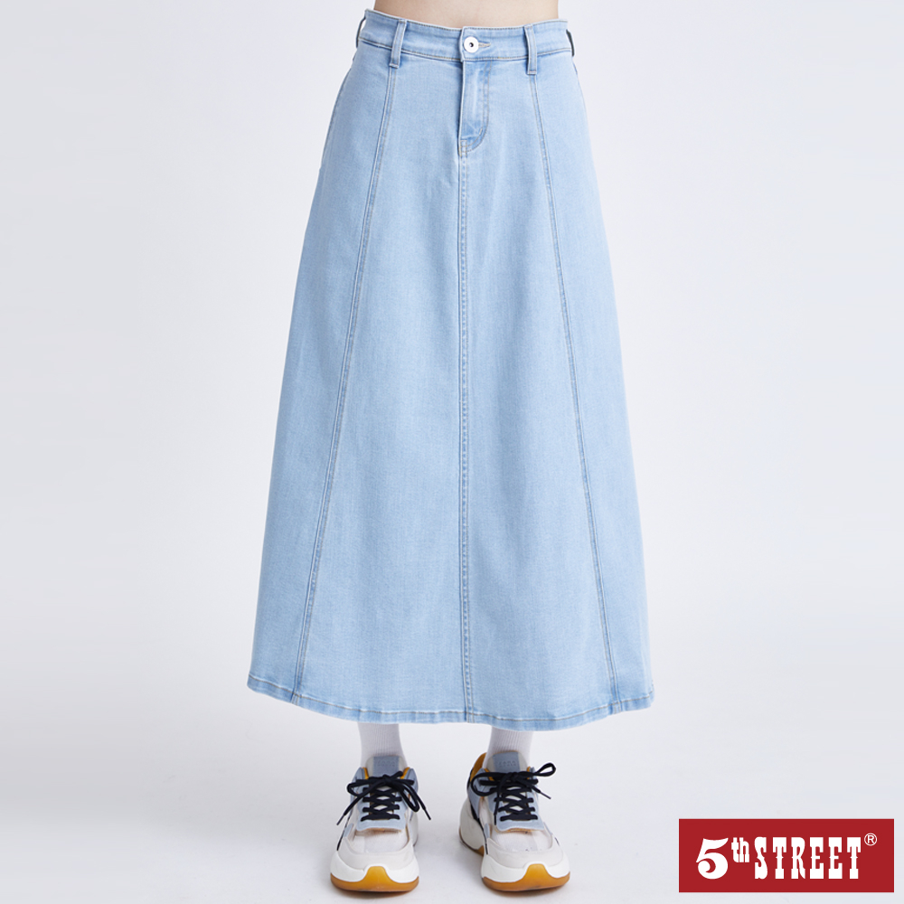 5th STREET 女裝隱藏口袋傘襬牛仔裙-拔淺藍