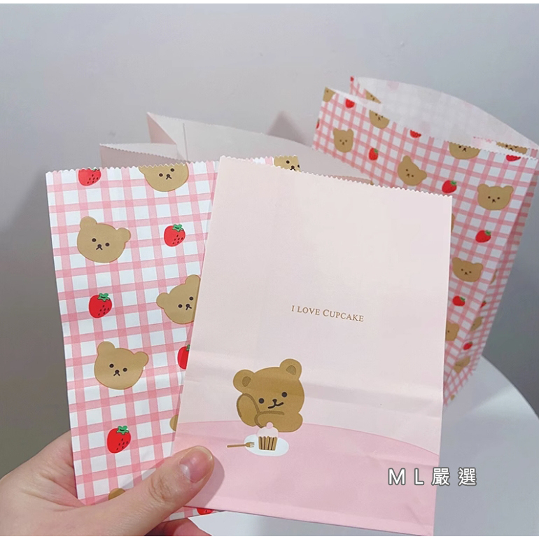 【ML嚴選】格子草莓熊小紙袋 糖果紙袋 蛋糕熊包裝袋 立體小禮物袋