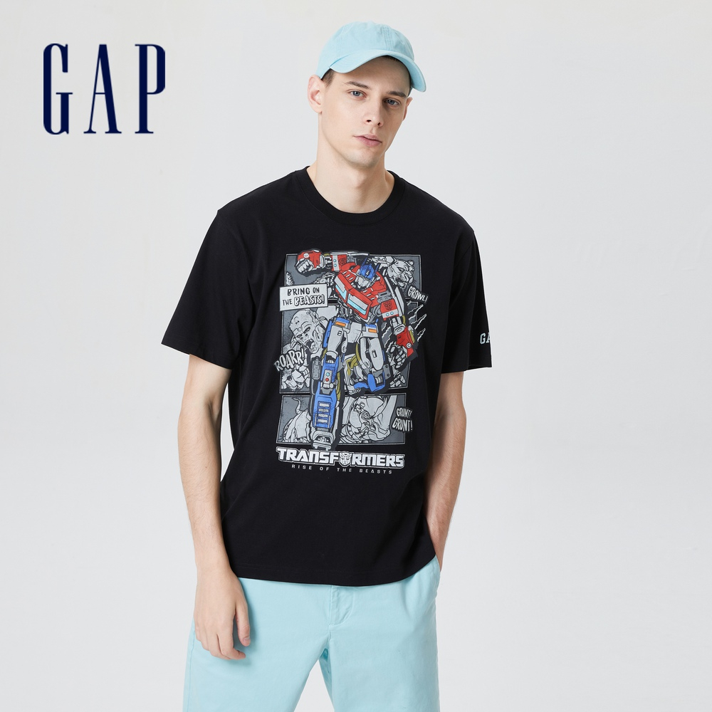 Gap 男裝 Gap x TRANSFORMERS變形金剛聯名 Logo純棉印花短袖T恤-黑色(714974)