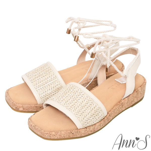 Ann’S 水洗牛皮-3.5cm小心機厚底！「拉菲草波西綁帶」軟木方頭涼鞋-米白