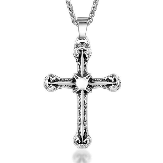 【CHE201】精緻個性古典花紋希望十字架鑄造鈦鋼墬子項鍊/掛飾