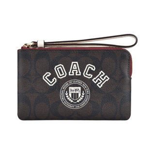 COACH Varsity字母LOGO緹花搭校徽標誌設計PVC拉鍊手拿包(深棕x白)