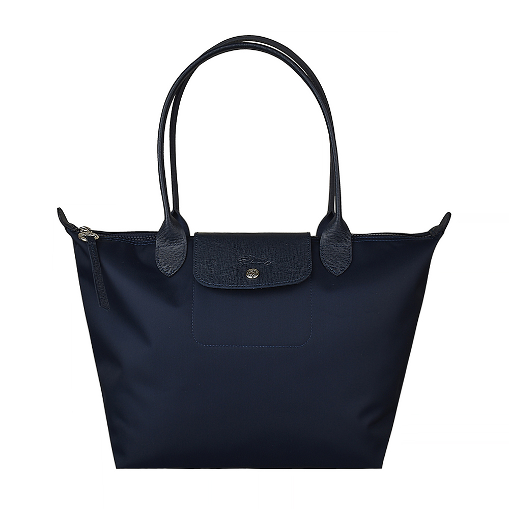 LONGCHAMP LE PLIAGE NEO壓印LOGO尼龍長把拉鍊手提肩背包(小/深海洋藍)