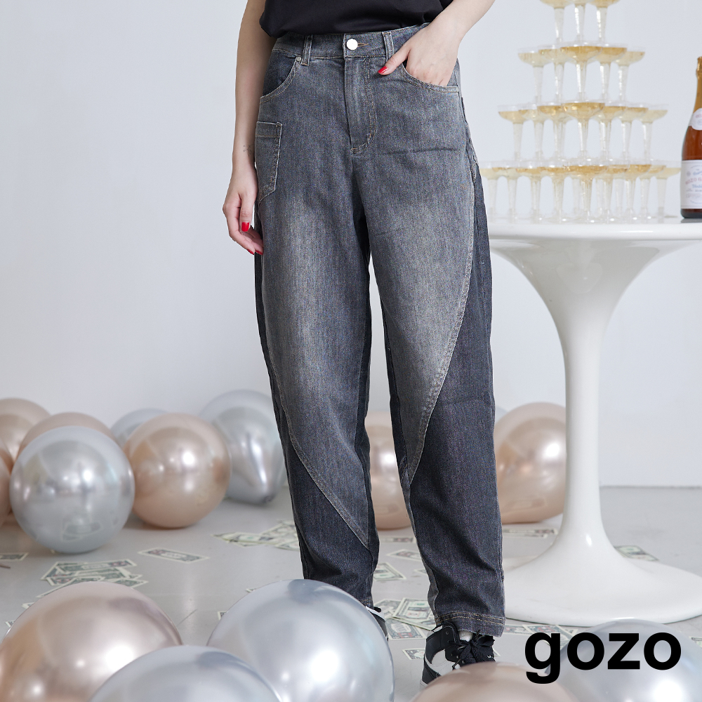 【gozo】顯瘦深淺拼接男友牛仔褲(深灰/藍色_S/M/L) | 牛仔 修身 百搭