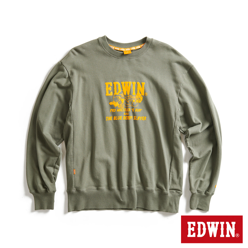 EDWIN 橘標 摔角手E君摔角技寬版厚長袖T恤(灰綠色)-男款