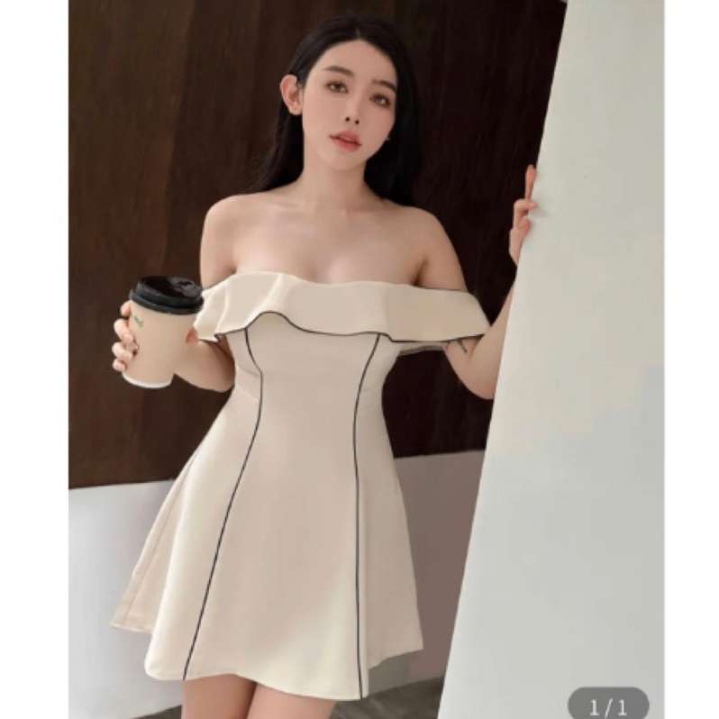 Tin house 🌷 甜美一字領荷葉撞色線條傘洋 絕版品