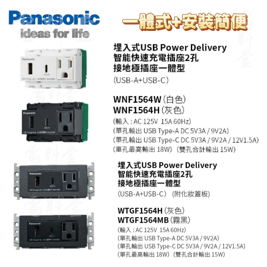 【一體式】Panasonic 國際牌 WNF1564H USB-A USB-C(type c)+插座 快充 快速充電插座