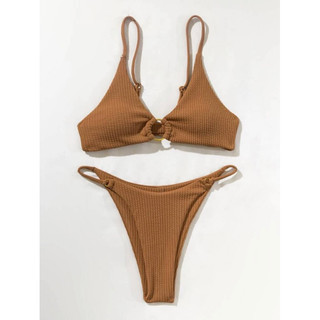 SHEIN Textured Ring Linked Thong Bikini Swimsuit (Small)