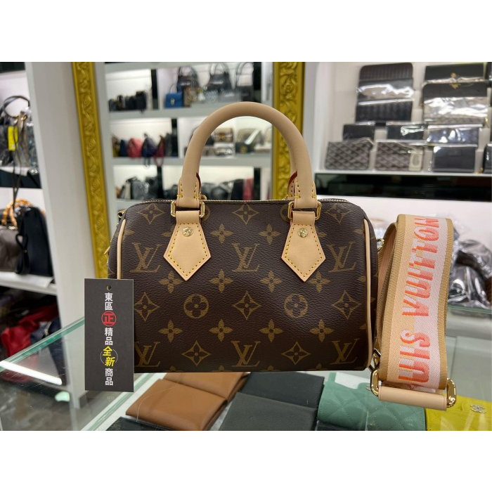 東區正精品㊣LV M46594 SPEEDY 20CM 全新原花字紋迷你橘粉手提肩背背帶可調兩用波士頓包 RZ4125