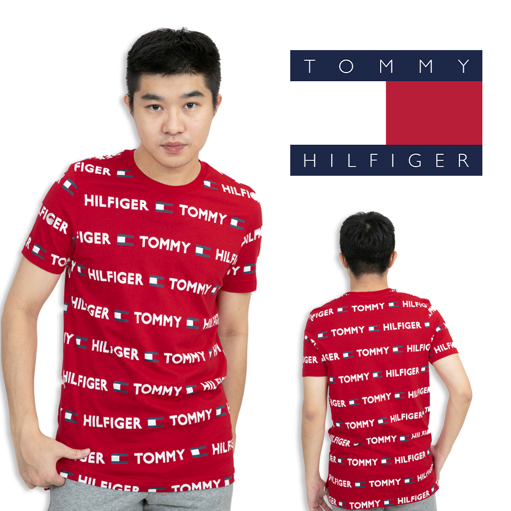 衝評 剩M 滿版logo 紅色 大尺碼 前短後長 短袖 Tommy Hilfiger 短T T恤 純棉 #8611