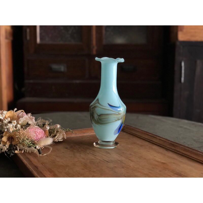 【福三】老玻璃花瓶 老花瓶 藍花瓶 拉絲花瓶