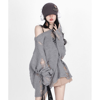 fashion11 慵懶風破洞長袖毛衣女 秋季 兩件套毛衣 寬鬆毛衣 針織毛衣女 一字肩 新款甜辣妹中長款針織衫毛衣上衣