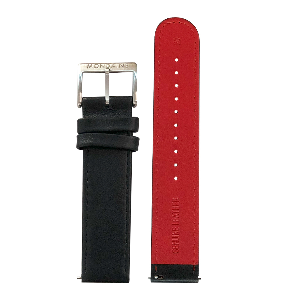 MONDAINE 瑞士國鐵 牛皮黑色反紅亮銀針釦錶帶-20mm