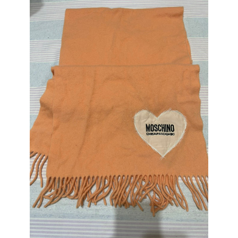 義大利MOSCHINO粉橘色美麗諾羊毛圍巾披肩