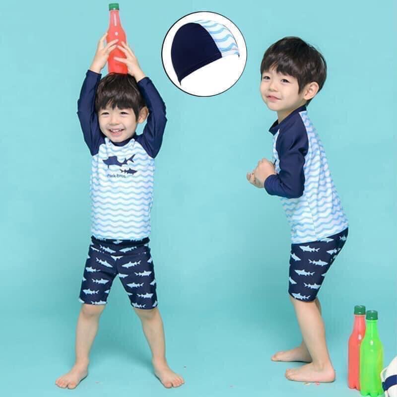 🔺台灣現貨🔺男童兩件式泳裝 鯊魚兄弟泳裝（附泳帽）長袖泳裝 男童泳衣 長袖兒童泳衣