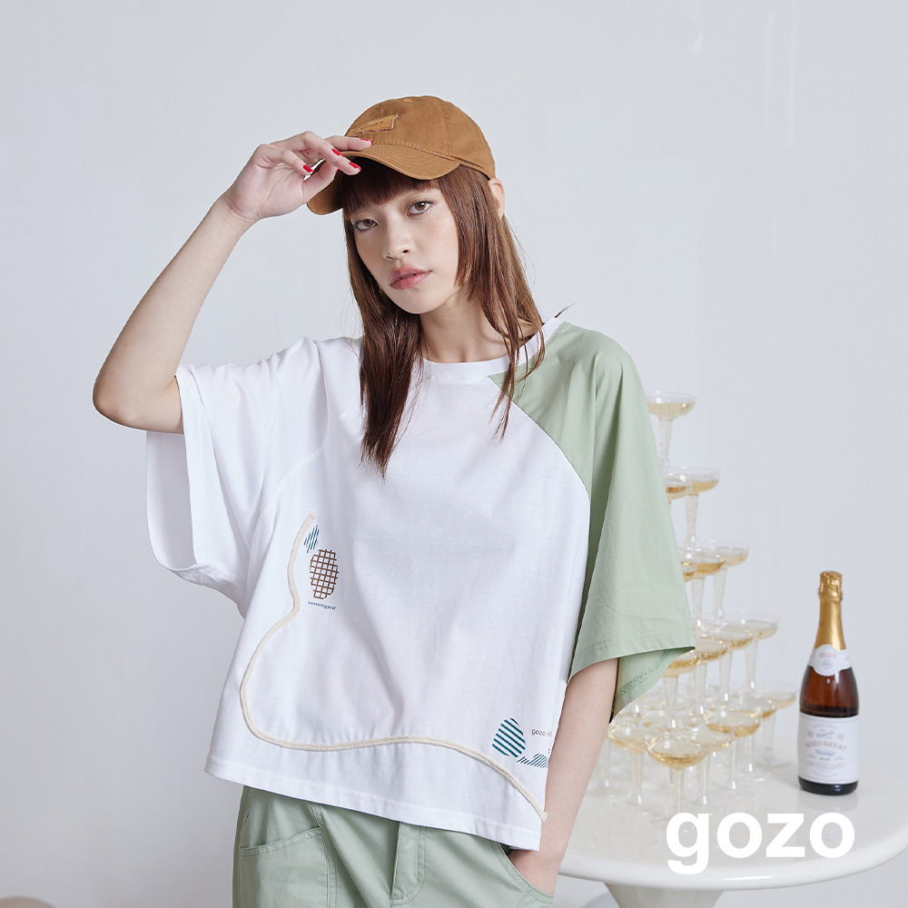 【gozo】gozo villa繩股拉克蘭袖T恤(黑色/白色_F) | 女裝 圓領 休閒