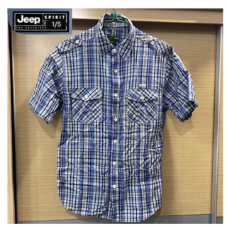 全新含吊牌【JEEP】男裝 經典格紋短袖襯衫(藍色) 尺寸M/名牌衣服
