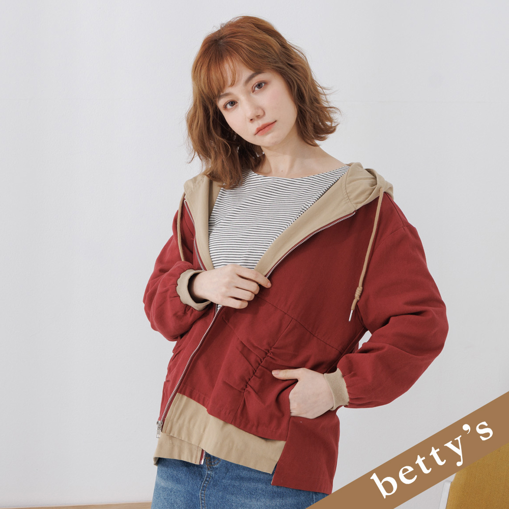 betty’s貝蒂思(25)個性撞色抽皺帆布外套(紅色)