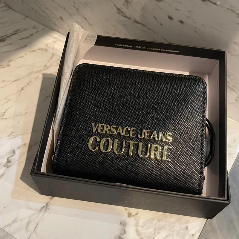 VERSACE JEANS防刮金色排字拉鍊短夾