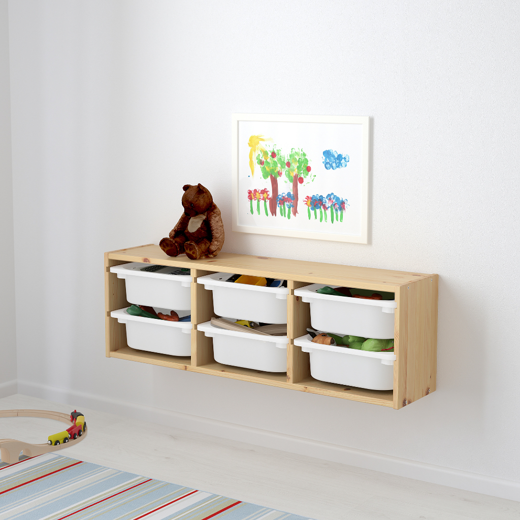 北歐風格經典IKEA宜家TROFAST原木壁面收納櫃抽屜櫃兒童玩具櫃邊櫃/染白松木/含收納盒/二手八成新/特$1200