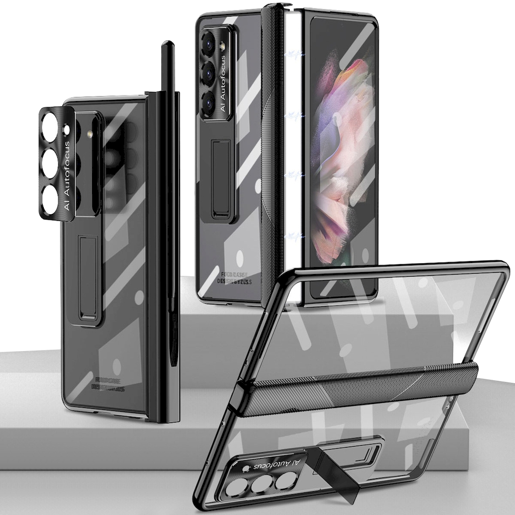 Samsung  Z Fold 5 5G 保護殼 電鍍邊框全包式摺疊手機殼透明背板支架設計筆槽含前蓋膜保護殼(含筆)