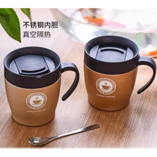 保溫帶手把咖啡杯(附湯匙）時尚保溫咖啡杯 300ml 咖啡隨行杯 304不鏽鋼 咖啡保溫杯 不銹鋼保溫杯 水杯 咖啡杯