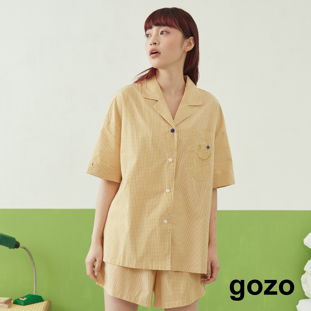 【gozo】◢g+微笑拼接格紋短袖睡衣(黑色/黃色/紫色_F) | 純棉 修身 休閒