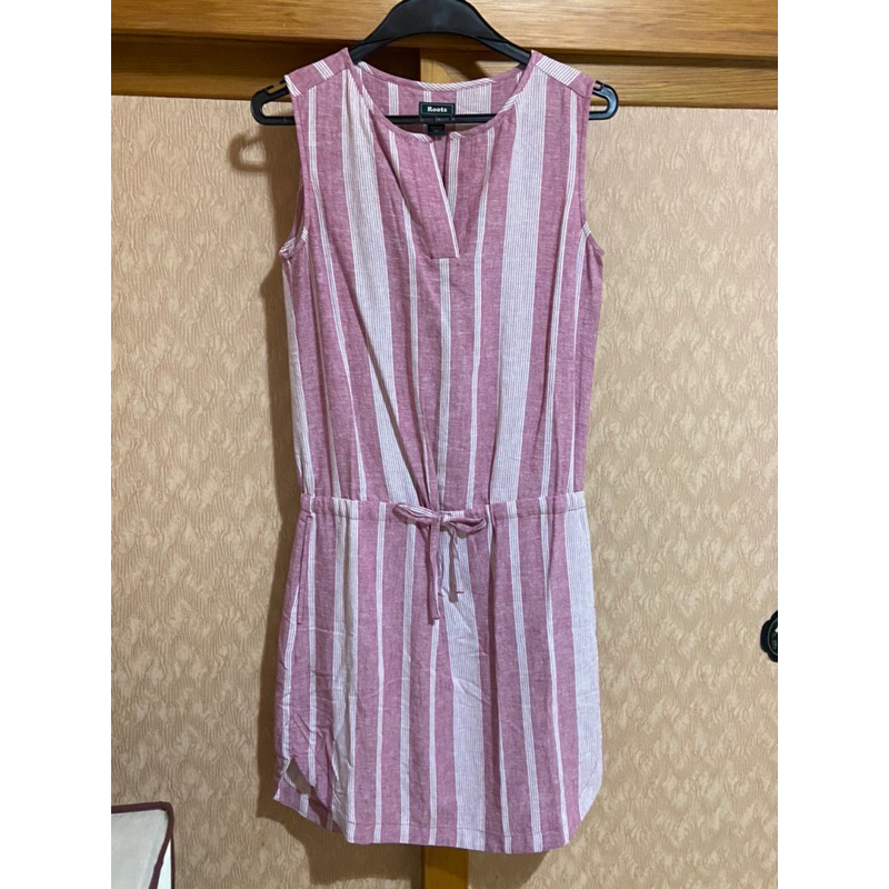 ◤全新專櫃貨◢  ROOTS 粉色 線條 長版洋裝