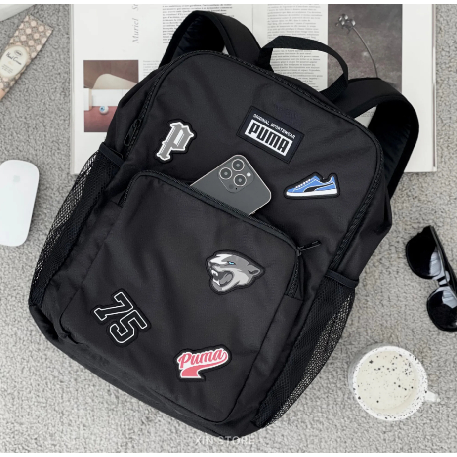 Xin Store🔹Puma Patch Backpack Logo 大容量 雙拉鍊 布章 雙肩包 後背包 黑