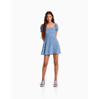 Bershka 藍色碎花洋裝 Floral print textured mini dress