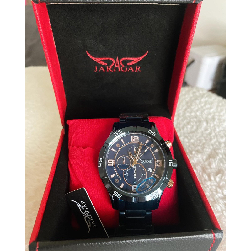 買了一定發發發 JARAGAR 三眼多功能計時碼錶 日期顯示 男錶 IP黑電鍍 防潑水錶