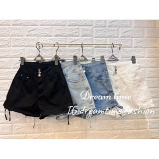 【Dream time】臺灣出貨 現貨實拍！韓系 顯瘦視覺-5kg側邊抽繩排釦牛仔短褲 高腰褲 女生短褲 牛仔褲 單寧