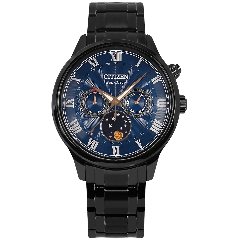 CITIZEN / 光動能 月相 羅馬刻度 藍寶石水晶玻璃 不鏽鋼手錶 藍x鍍黑 / AP1055-87L / 42mm